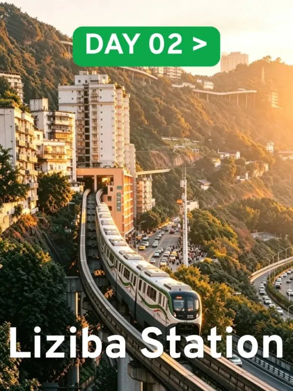 Chongqing Liziba Monorail Station train passing through a 19-story residential building 8D cyberpunk city tour landmark